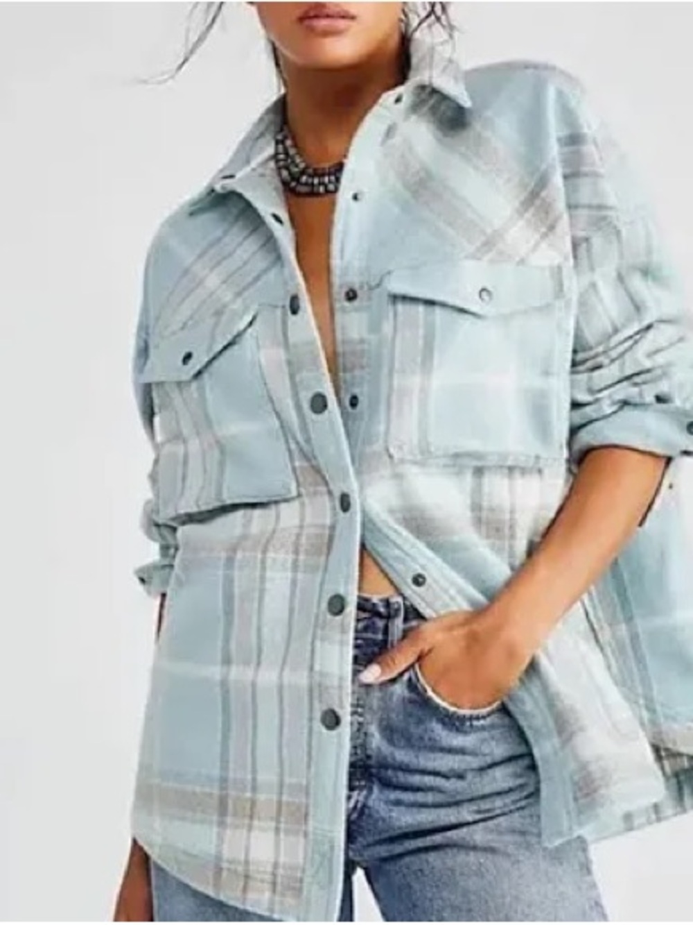 We The Free Light Blue Plaid Shacket Jacket